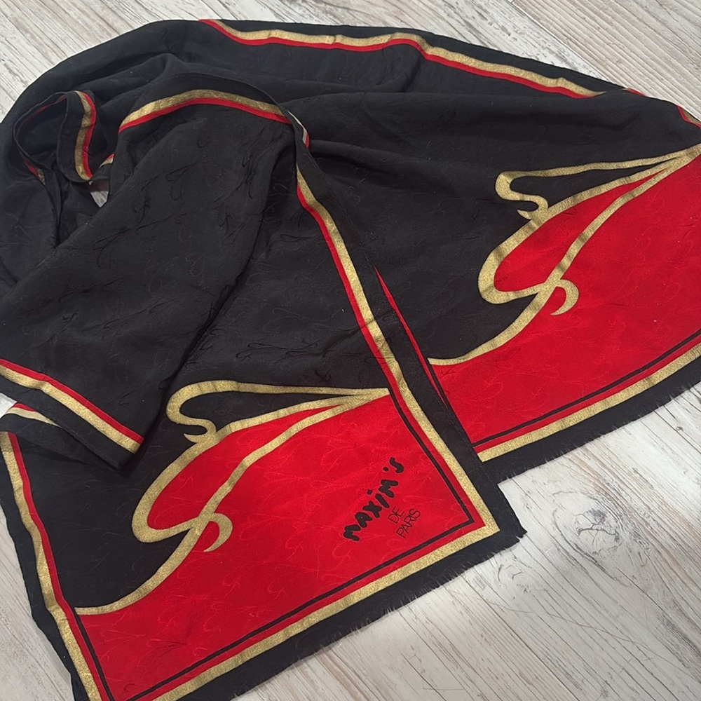 Maxim's de Paris Restaurant Silk Scarf Black Red 52"Vintage Iconic
